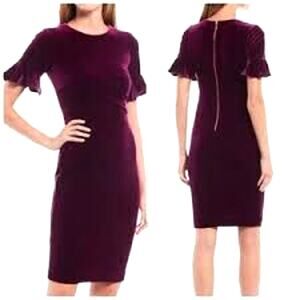Calvin Klein Bell Sleeve Velvet Sheath Dress - Red - 10